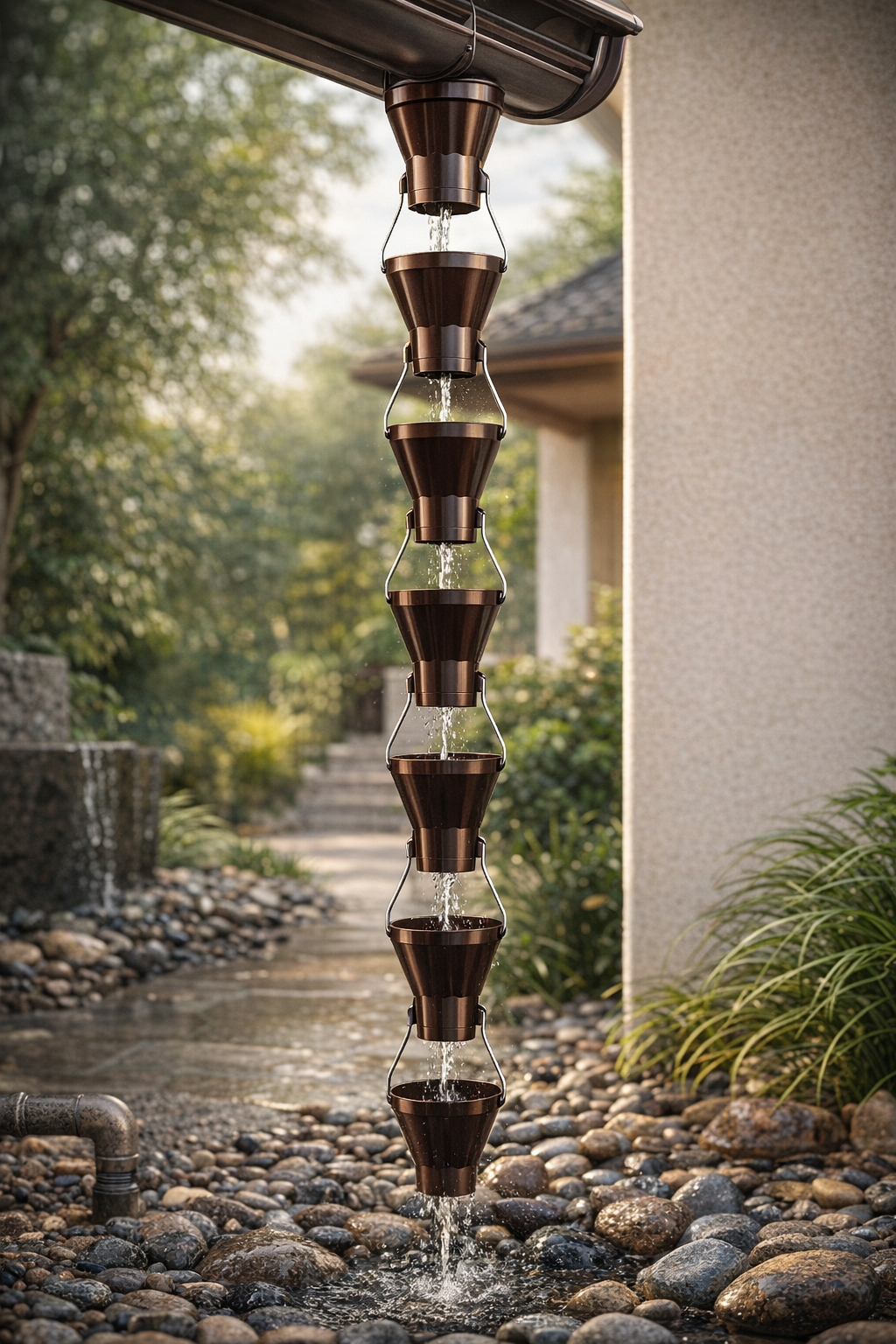 RAINCO Rain Chain in action — water flowing through funnel cups